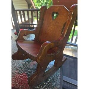 Vintage Wooden Doll Rocking Chair Miniature Heart Cutout Teddy Bear Plant Stand
